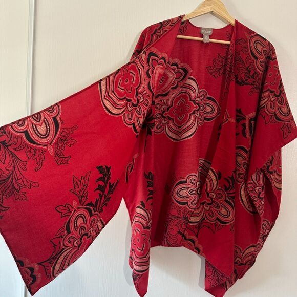 Chico's Womens Open-Front Ruana Red Black Paisley Jacquard Wrap Shawl Poncho OS - Picture 3 of 5